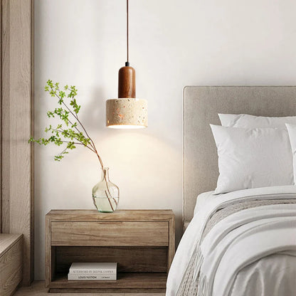 Japandi Japanese Pendant Light Wood And Travertine Bedside Lamp