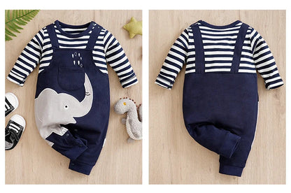 Occasion style layout showcasing the baby long sleeve striped elephant romper