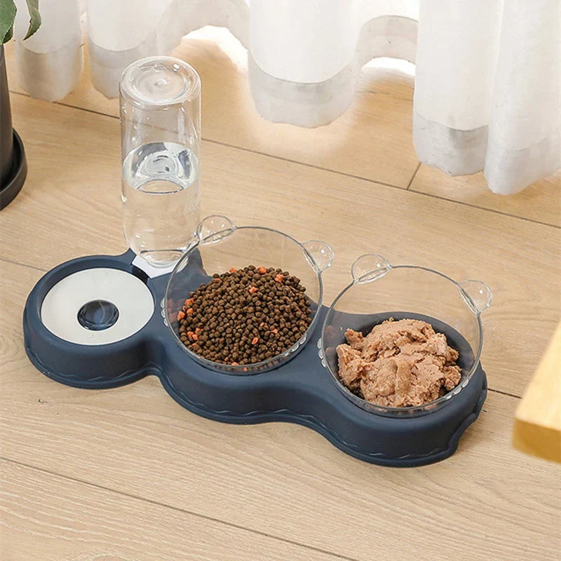 Raised Pet Feeding Station Tilted 3-Bowl Design With 500ML Water Bottle Fall 2025 Ergonomic Spine Protection