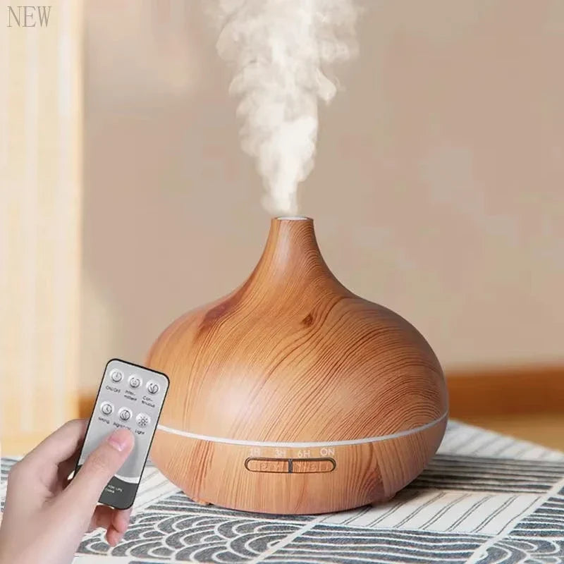 Air Humidifier Aromatherapy Essential Oil Diffuser 500ml Wood Grain Remote Control with 7 Color Lights for Home