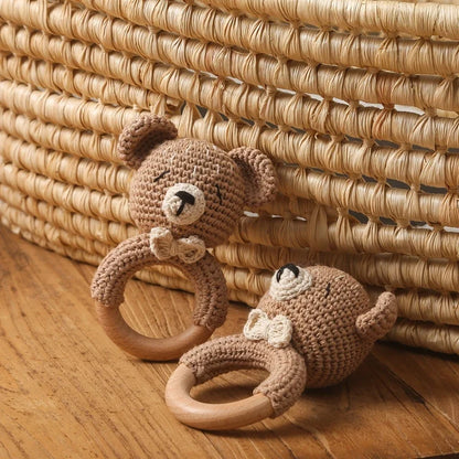 Crochet Bear Teether Rattle Ring Newborn Sensory Toys