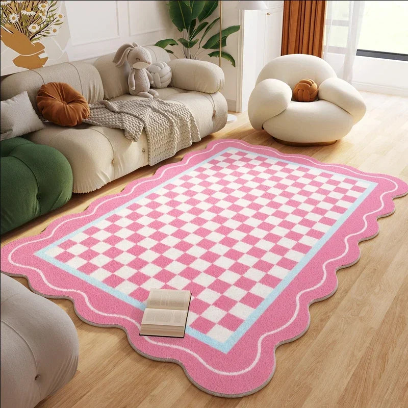 Plush Rug Checkered Scalloped Area Rug, Kids Bedroom Living Room Accent Fall 2025 Cozy Fluffy Machine Washable