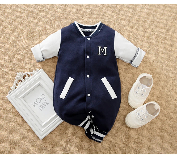 Back or secondary profile shot of the baby boys cotton baseball romper