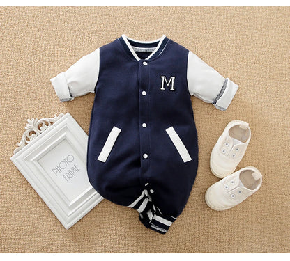 Back or secondary profile shot of the baby boys cotton baseball romper