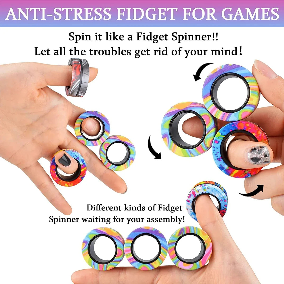 3Pcs Magnetic Rings Fidget Toy Set - Adult Fidget Magnets Pack for Kids and Teens, Stress Relief Spinner Gift