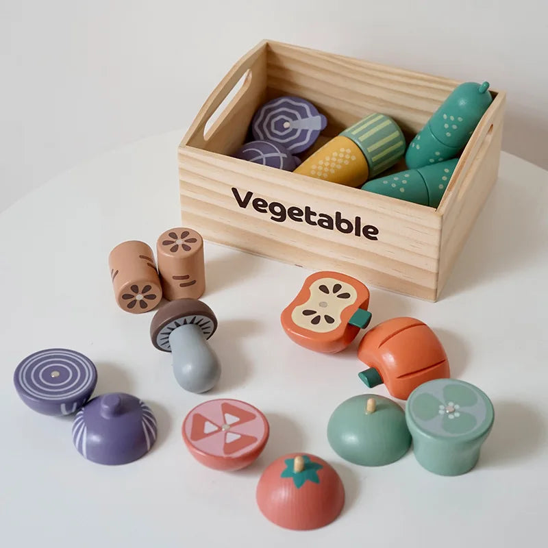 Wooden Kids Kitchen Playset with Cutting Food Accessories - Fruits, Vegetables & Bakery Toys