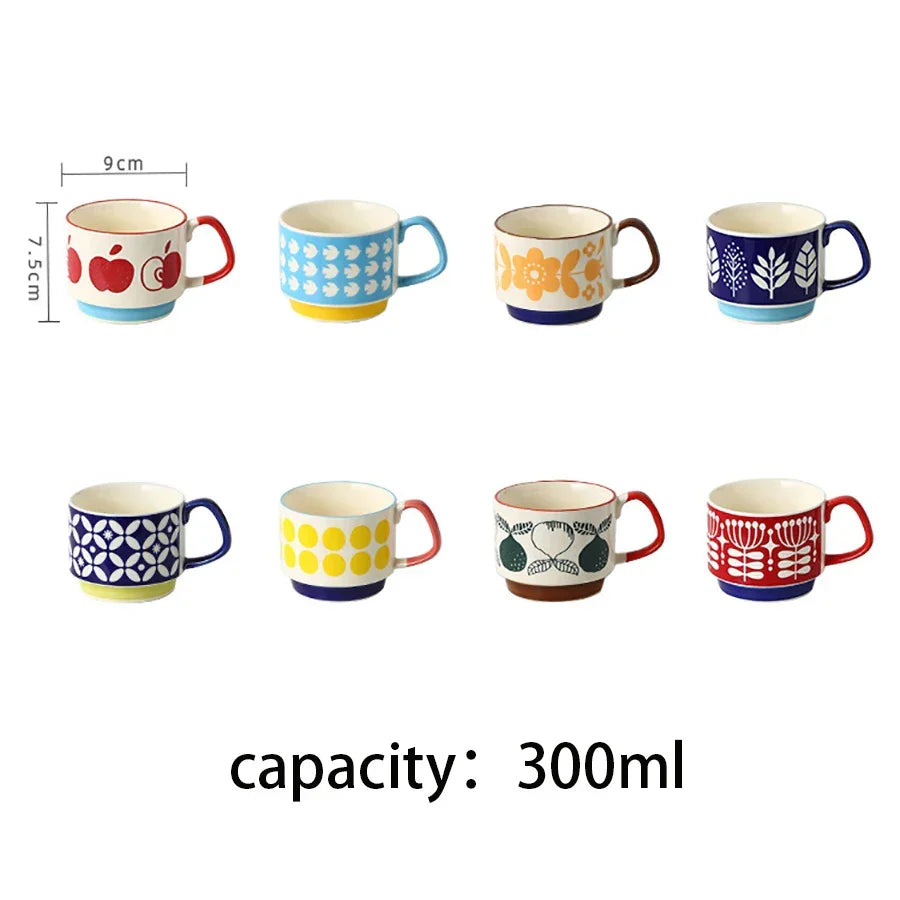 Coffee Mug 300ml Japanese Flower Ceramic Set Retro Drinkware Office Entertaining Fall 2025 Ergonomic Handgrip Gift