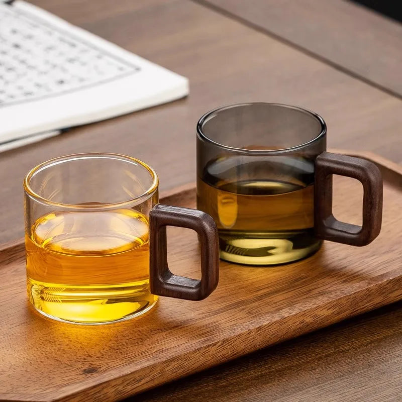 360ML High Borosilicate Glass Wood Tea Cup - Large Capacity Drinking Coffee Mug