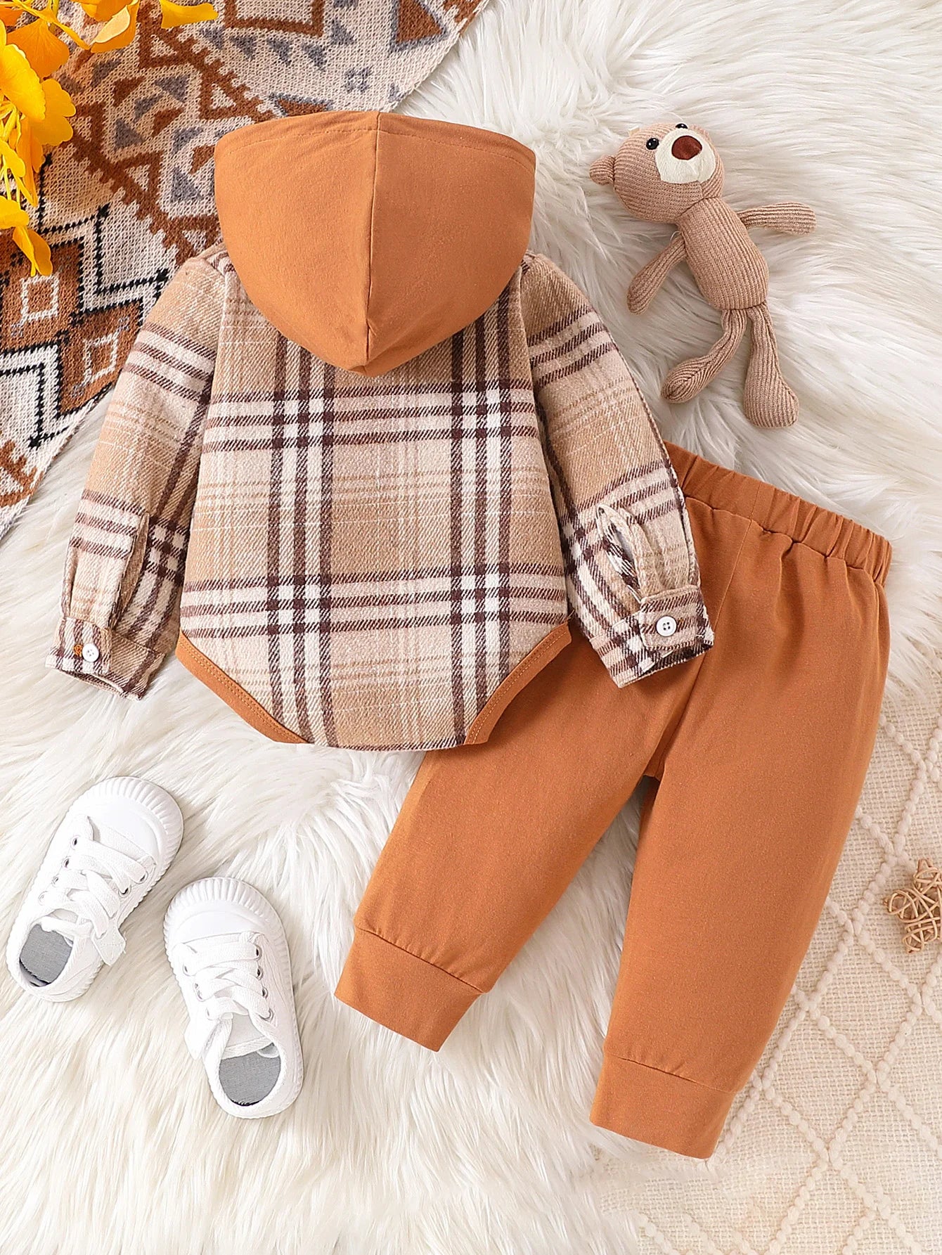 Side view of baby boys vintage plaid hooded outfit set