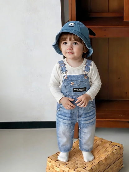 Alternative angle of baby boys faux denim print long sleeve romper