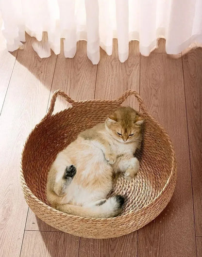 Cat Bed Natural Woven Nest With Seasonal Heating Pad And Washable Insert, Fall 2025 Cozy All Season Retreat