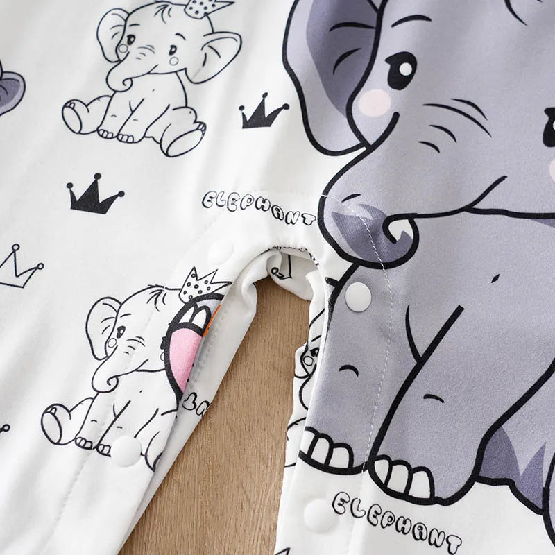 Baby boy wearing a long-sleeve romper with an elephant print and faux braces
