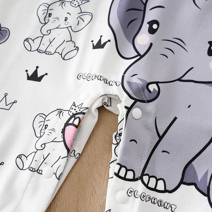 Baby boy wearing a long-sleeve romper with an elephant print and faux braces