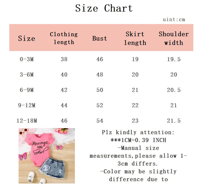 Focus on the neckline and sleeve features of the baby girls letter print romper and denim skirt set