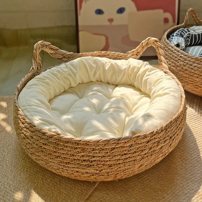 Handmade Vine Woven Cat Nest - Detachable Washable Winter Warmth Pad for Pet Supplies