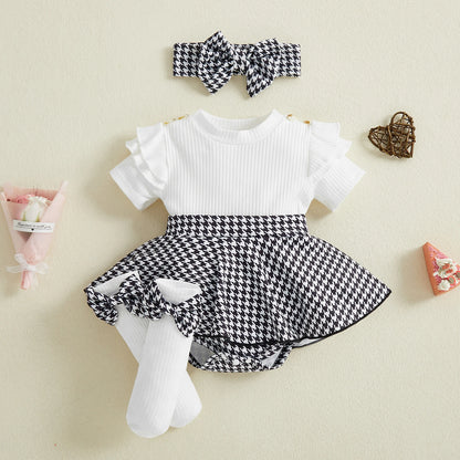Back view of baby girls houndstooth romper dress set