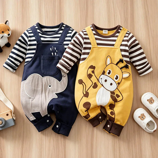 Striped long sleeve cotton romper featuring elephant and giraffe prints