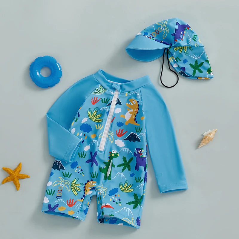 Side or lifestyle view of boys shark print long sleeve rash guard swimwear set