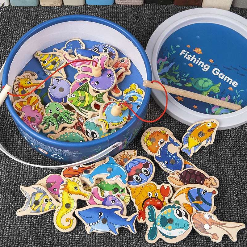 Interactive Montessori Wooden Fishing Game - Magnetic Marine Life Learning Toy for Kids, Parent-Child Engagement, Eco-Friendly Design