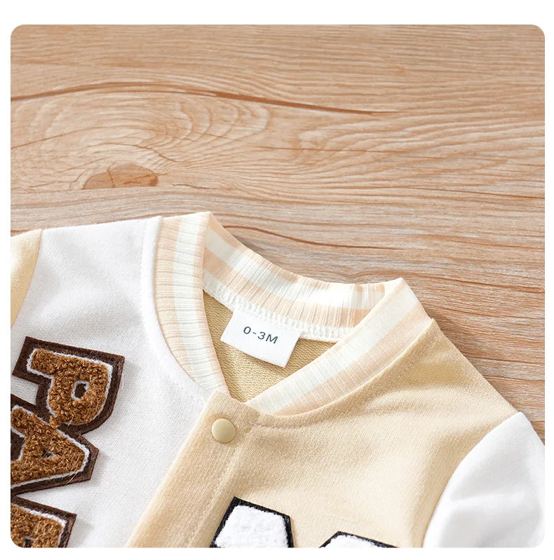 Styling option and alternate perspective of the baby boys cartoon baseball jumpsuit