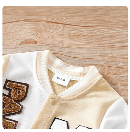 Styling option and alternate perspective of the baby boys cartoon baseball jumpsuit