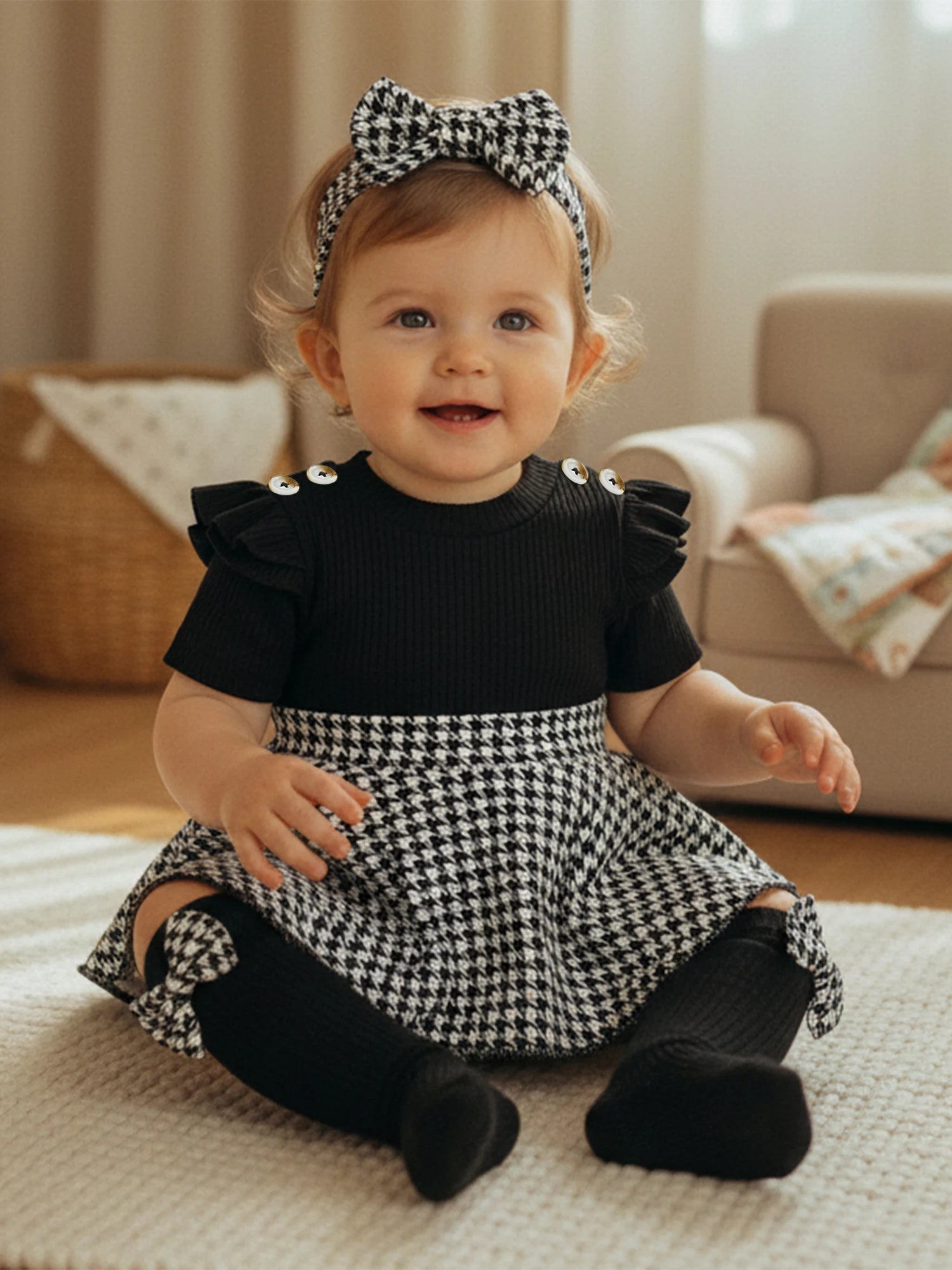 Back view of baby girls houndstooth romper dress set