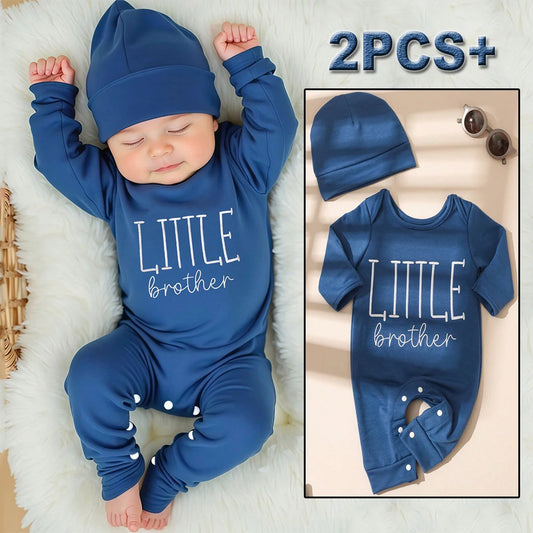 Newborn boys long-sleeve letter print bodysuit with matching hat