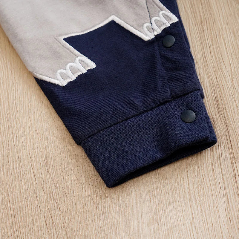 Back or secondary profile shot of the baby long sleeve striped elephant romper
