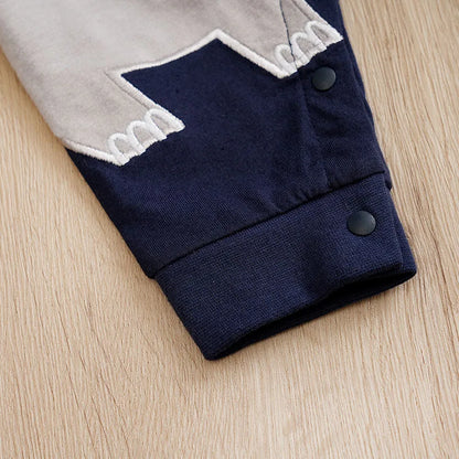 Back or secondary profile shot of the baby long sleeve striped elephant romper