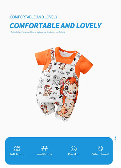 Baby wearing a short-sleeve romper with a lion print and faux two-piece design