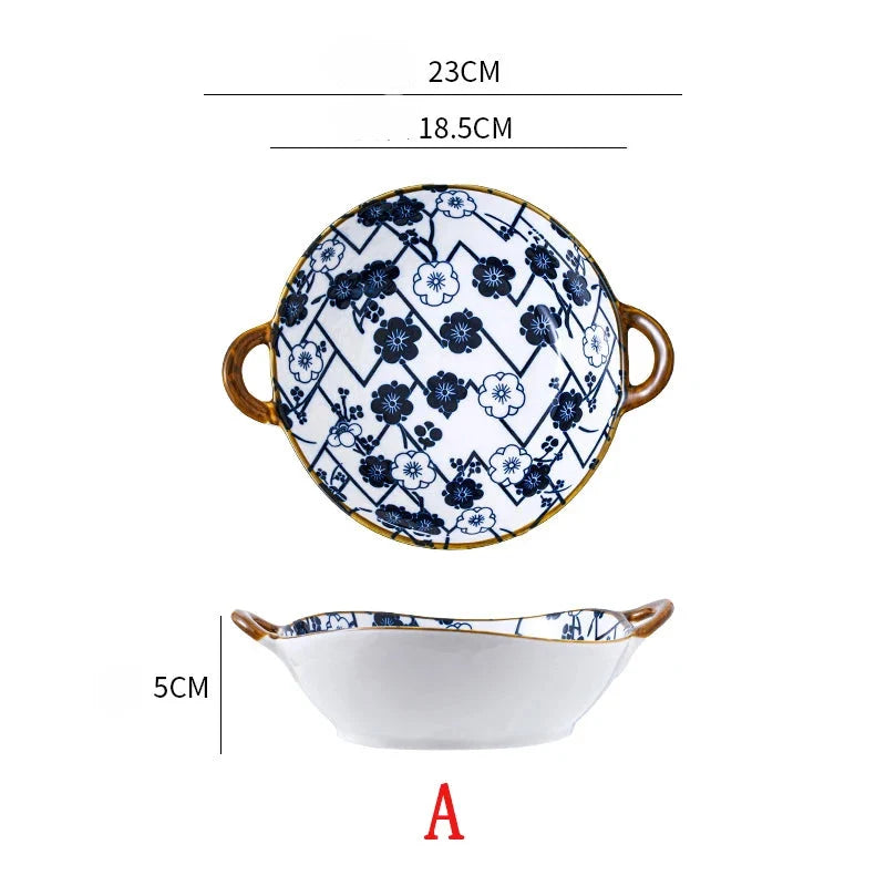 7.5 Inch Japanese Ceramic Noodle Bowl With Handles Blue