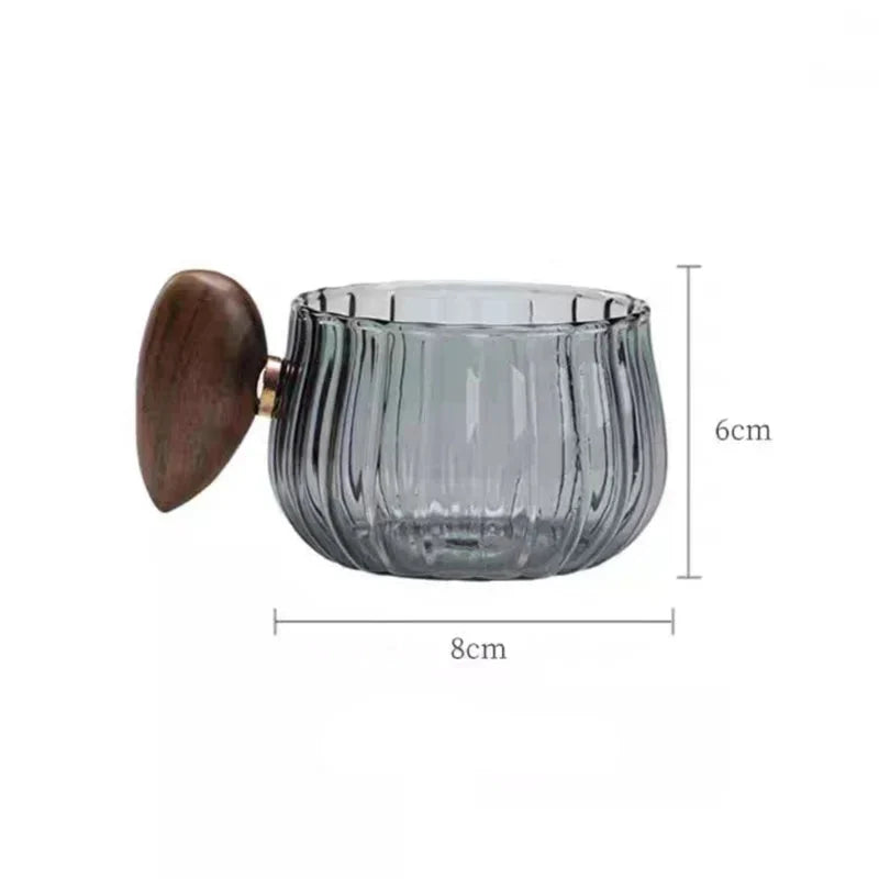 Stripe Heat-resistant Glass Coffee Mug 200ml with Wooden Handle for Latte, Milk, Tea