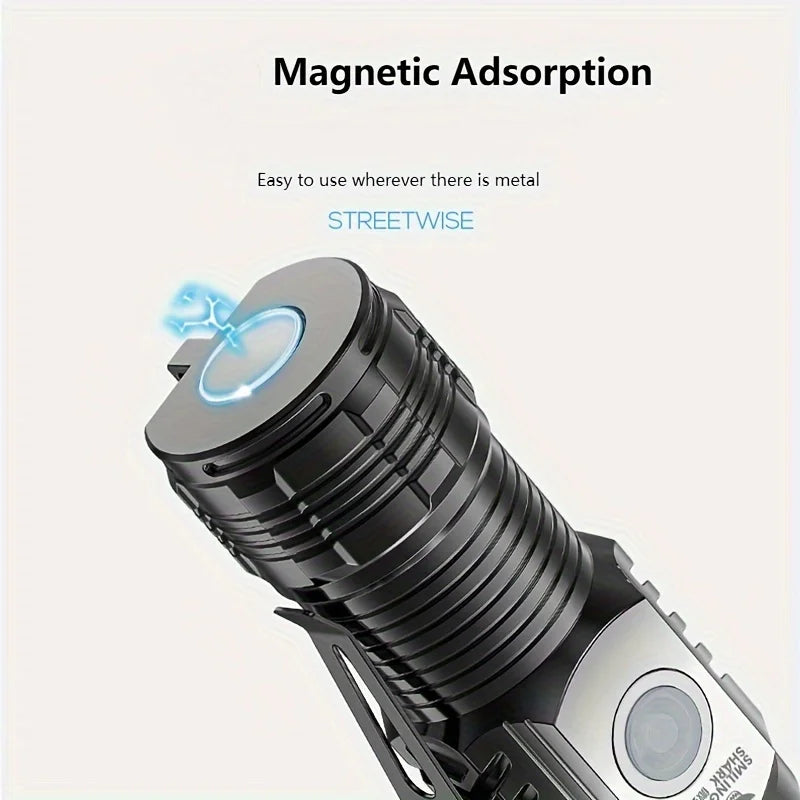 Tactical LED Mini Flashlight - USB Rechargeable 5 Modes Work Light for Hiking, Camping, Car Repair, Portable Torch with Clip & Magnet