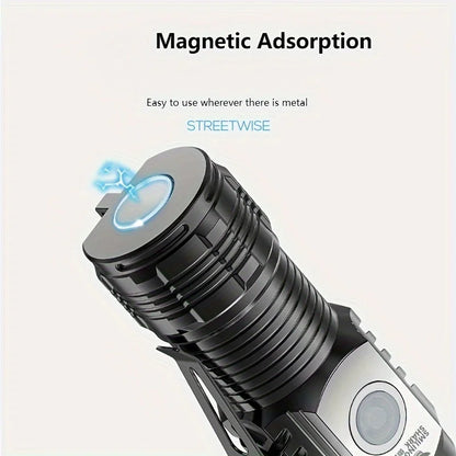 Tactical LED Mini Flashlight - USB Rechargeable 5 Modes Work Light for Hiking, Camping, Car Repair, Portable Torch with Clip & Magnet