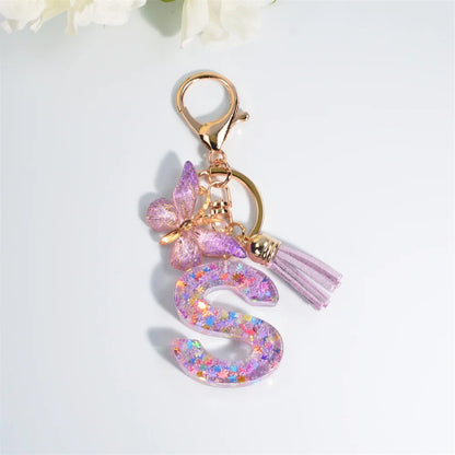 Sequin Letter Keychain With Butterfly Tassel Charm