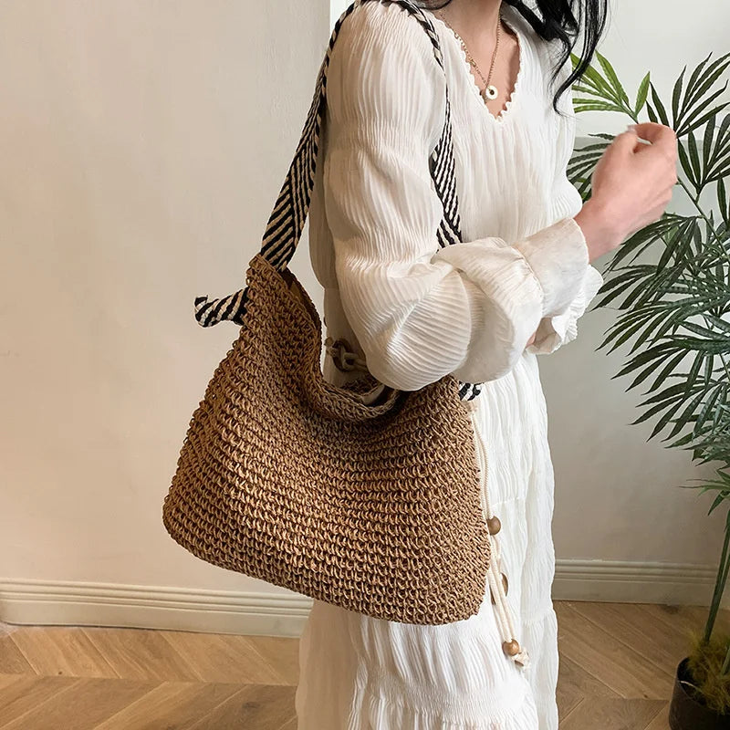 Straw Beach Bag - Large Capacity Woven Tote With Knot Shoulder Straps, Summer 2026