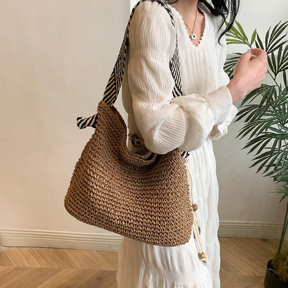 Straw Beach Bag - Large Capacity Woven Tote With Knot Shoulder Straps, Summer 2026