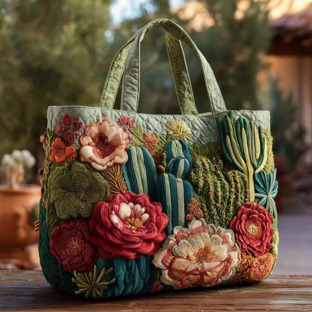 Durable Timeless Women's Tote Bag – Quilted, 3D Floral Embroidery, Cotton, Everyday Use