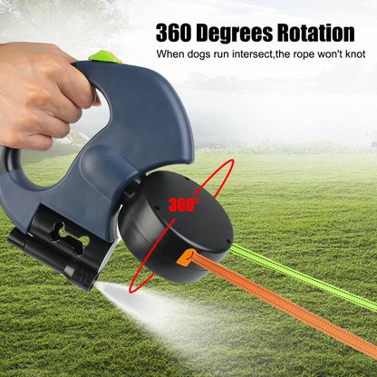 Dual Dog Leash 3m Retractable with Flashlight & Waste Bag Box, Auto-Extend Traction Rope