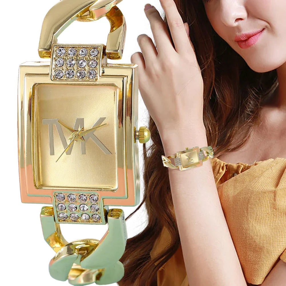 Women's Watch Gold Tone Square Dial, Elegant Alloy Band With Crystal Accents, Summer 2026 Gift
