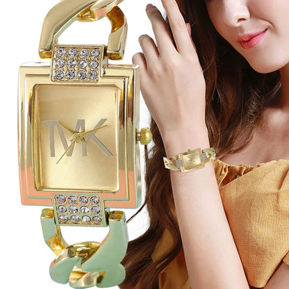 Women's Watch Gold Tone Square Dial, Elegant Alloy Band With Crystal Accents, Summer 2026 Gift