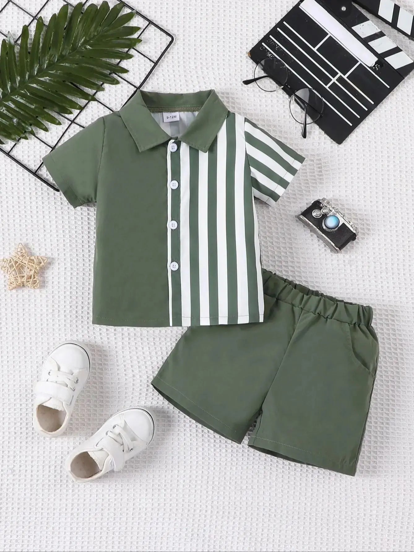 Occasion style layout showcasing the baby boys colour block short sleeve shirt and shorts set