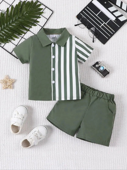 Occasion style layout showcasing the baby boys colour block short sleeve shirt and shorts set
