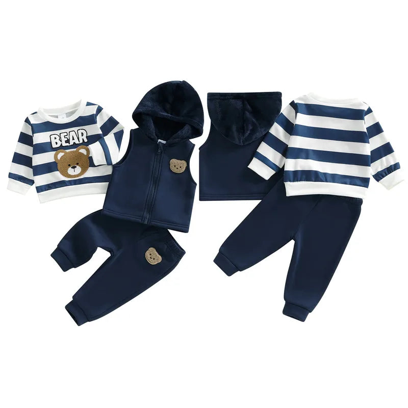 Fabric and texture detail of boys bear embroidery sweatshirt & joggers