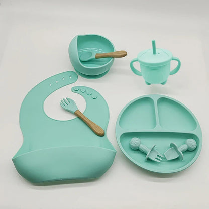 Baby Silicone Tableware Set 8 Piece Suction Bowls Divided Plate Bib Spoon Fork Fall 2025 Self Feeding Aid