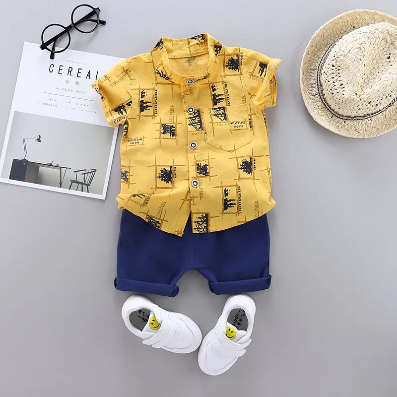 Focus on the neckline and sleeve features of the baby boys casual summer top and shorts set