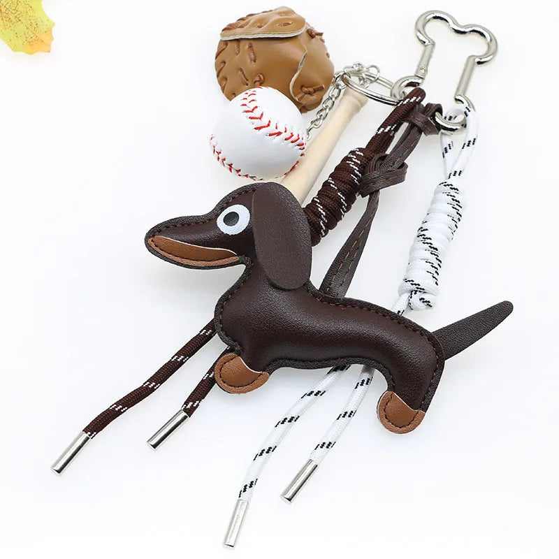 Dachshund Pu Leather Bag Charm Baseball Keychain Gift