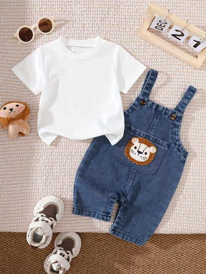 Lion patch pocket detail on baby boys casual overalls