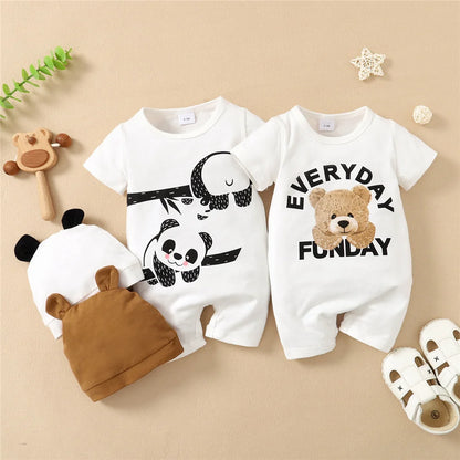 Short sleeve panda bear romper and matching hat set for baby boys