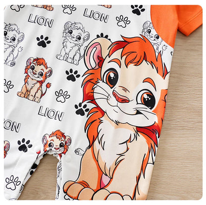 Baby wearing a short-sleeve romper with a lion print and faux two-piece design
